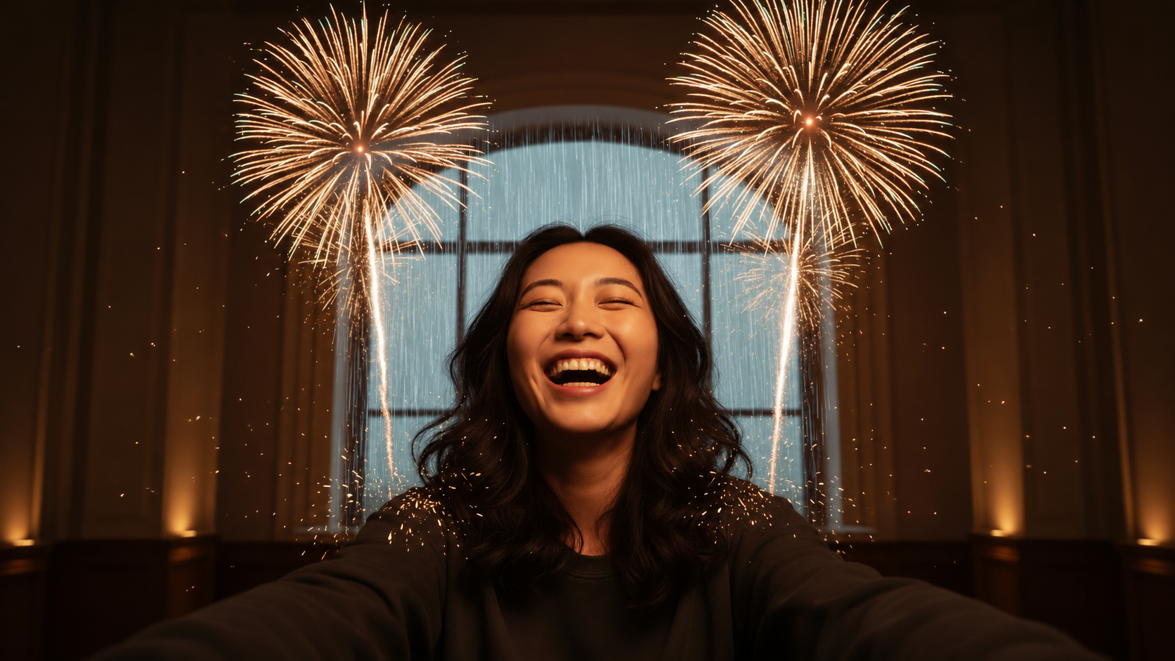 笑雨烟花开始页主视觉：微笑的人像，画面中落着雨、升起烟花